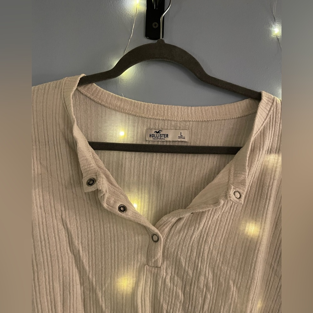 Hollister Super Cropped White/Cream Ribbed Cotton Long Sleeve Shirt